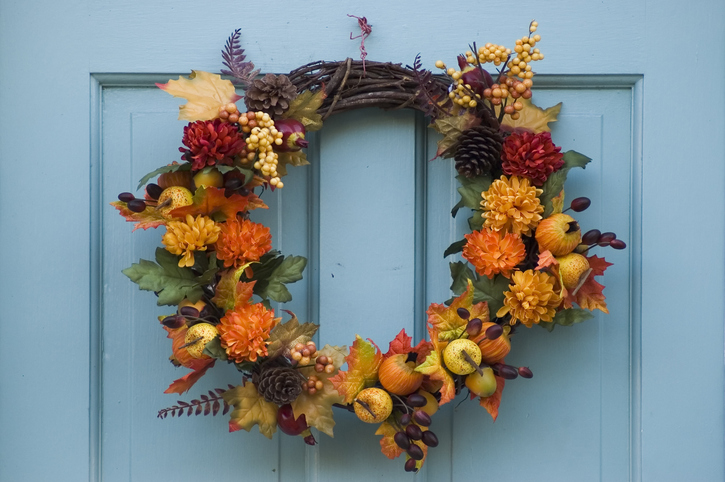 wreath on a blue door